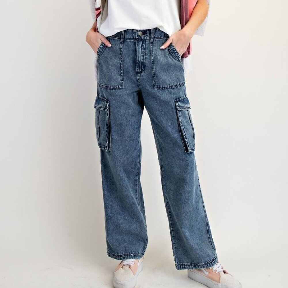 easel Wide Leg Cargo Denim Pants in Medium Blue